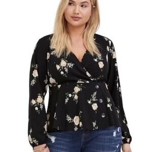 Torrid Black Floral Peplum Wrap Blouse Long Sleeve Button Front Womens Plus